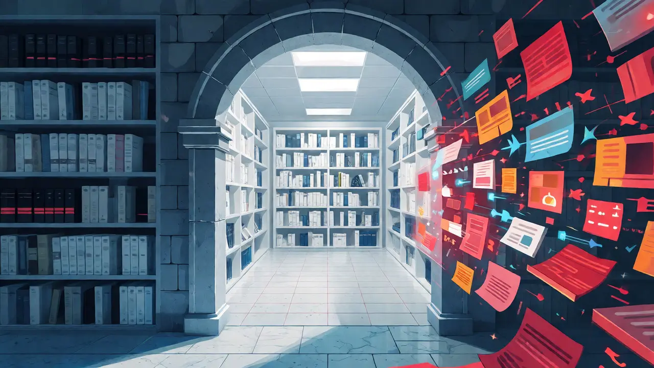 Stone gate blocking chaotic blogs while allowing academic books into an archive.