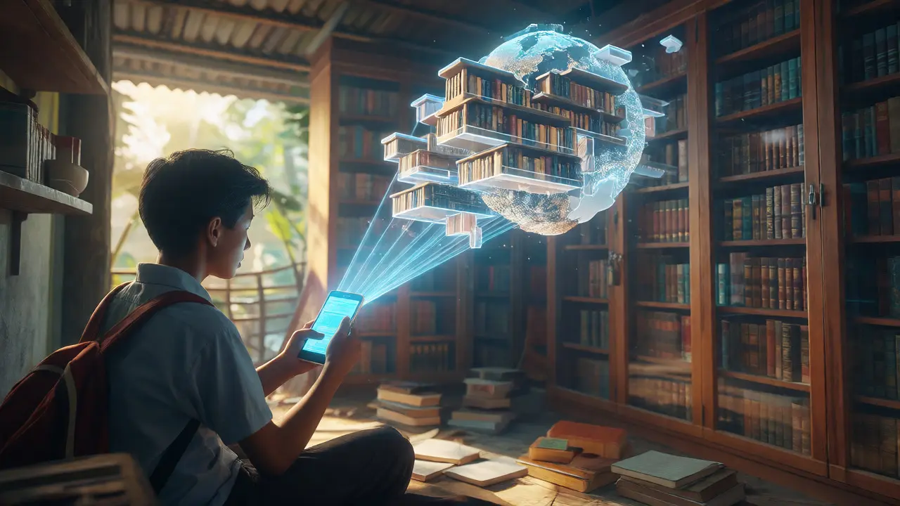 Student accessing a vast digital library via smartphone, leaving behind exclusive physical books.