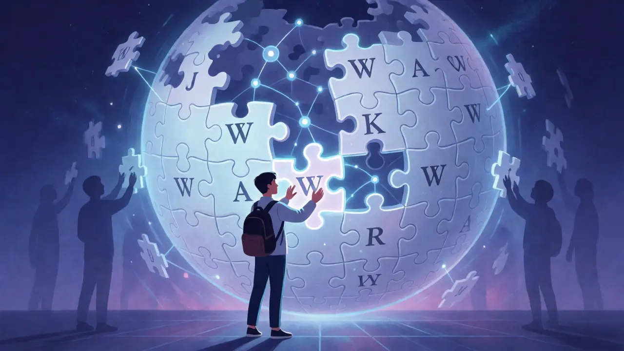 Student adding a piece to a glowing, holographic Wikipedia knowledge structure.