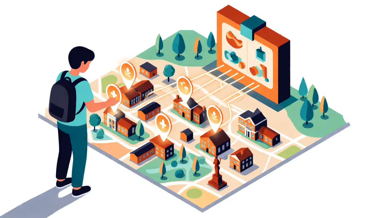 Student mapping local history landmarks to a digital knowledge graph in an isometric view