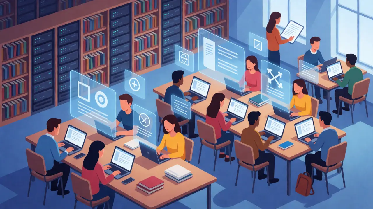 Students collaborate on Wikipedia edits in a modern university library.