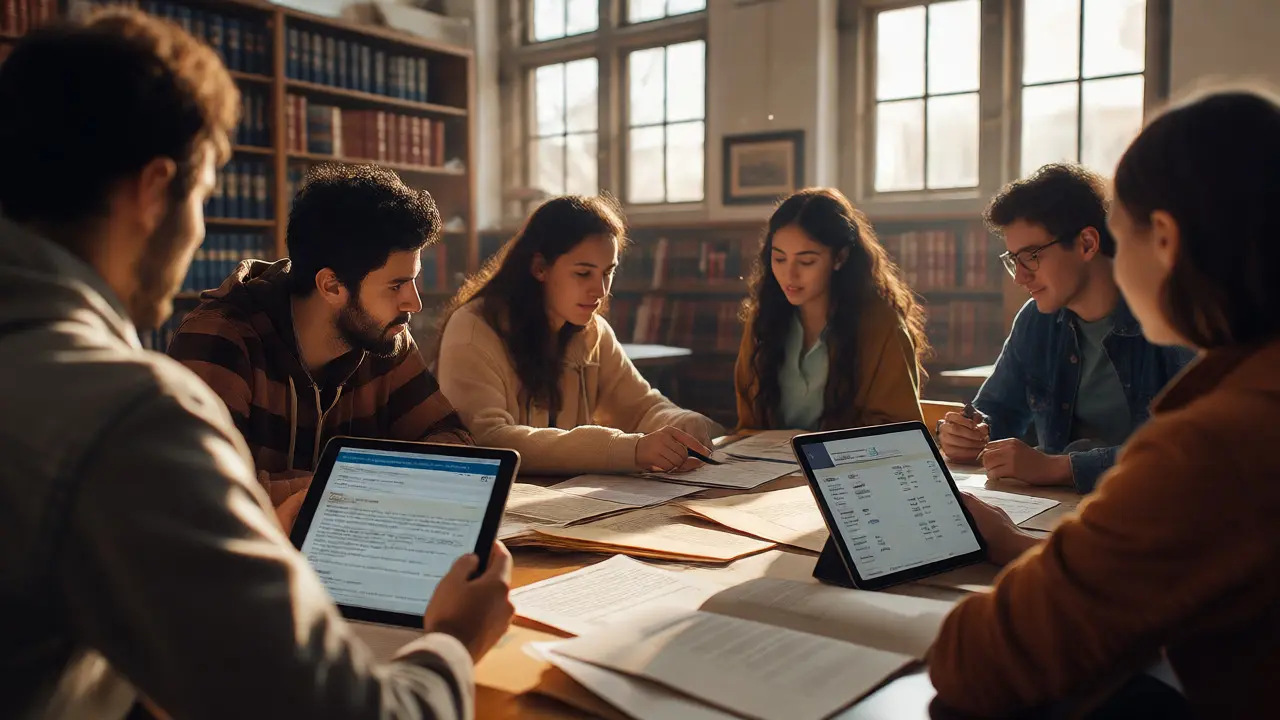 Students collaborating in a sunlit archive room using open-access academic resources