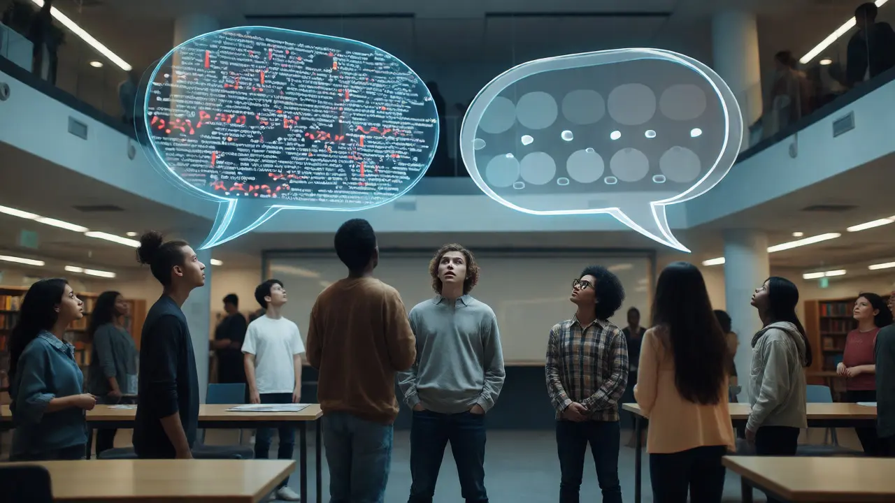 Students looking confused at a holographic display showing unequal viewpoints presented as equal.