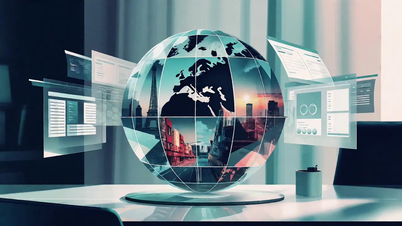 Stylized globe composed of aligned cultural landmarks surrounded by abstract editorial guidelines