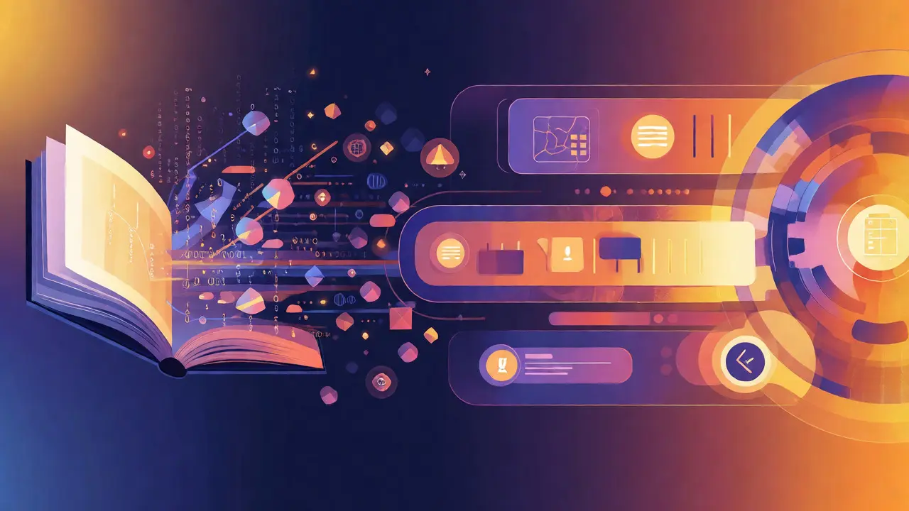 Stylized graphic showing data transforming from books to interactive interfaces