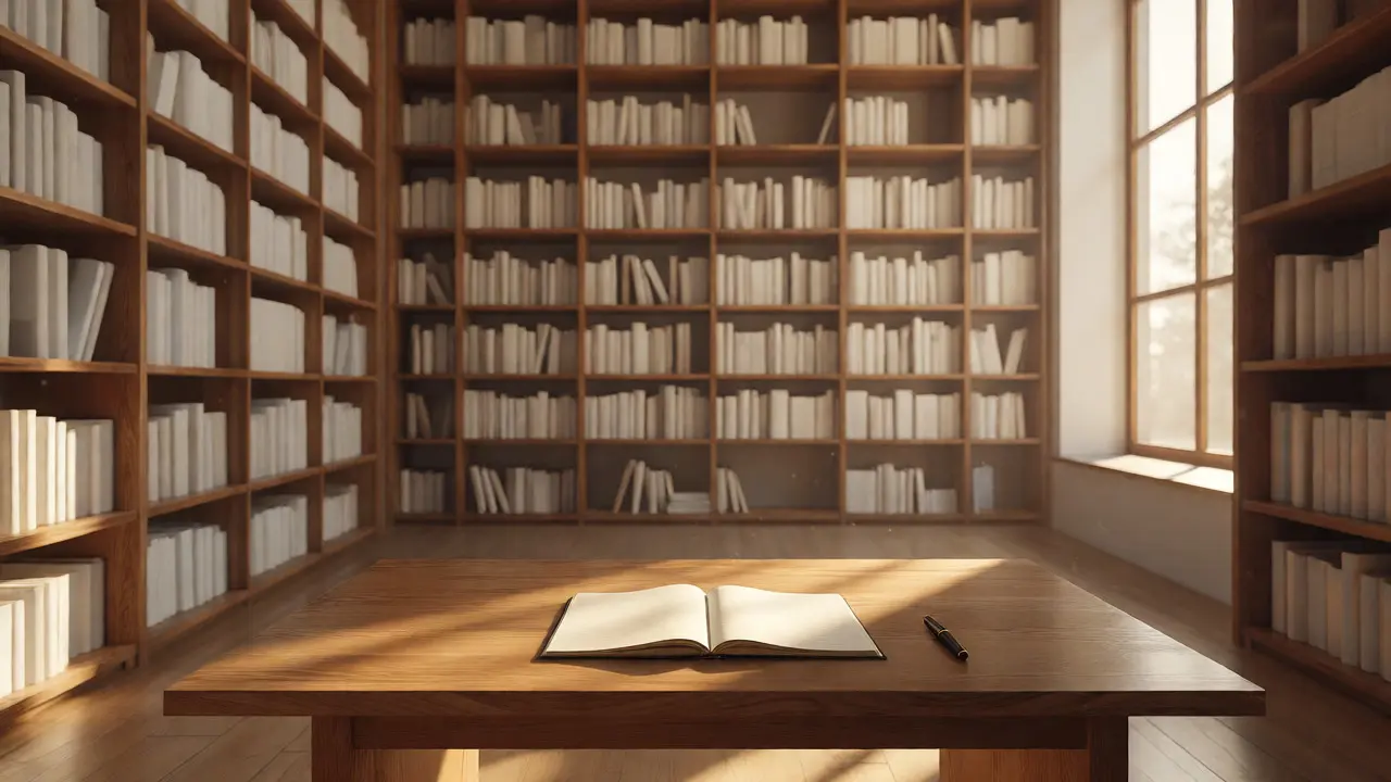 Sunlit minimalist library with open notebook on central table