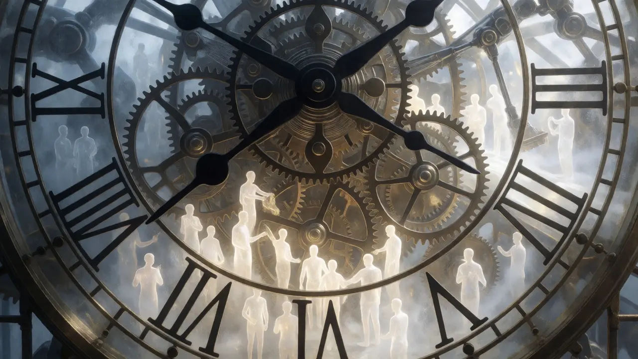 Surreal artwork showing fragile human figures powering a giant mechanical encyclopedia.