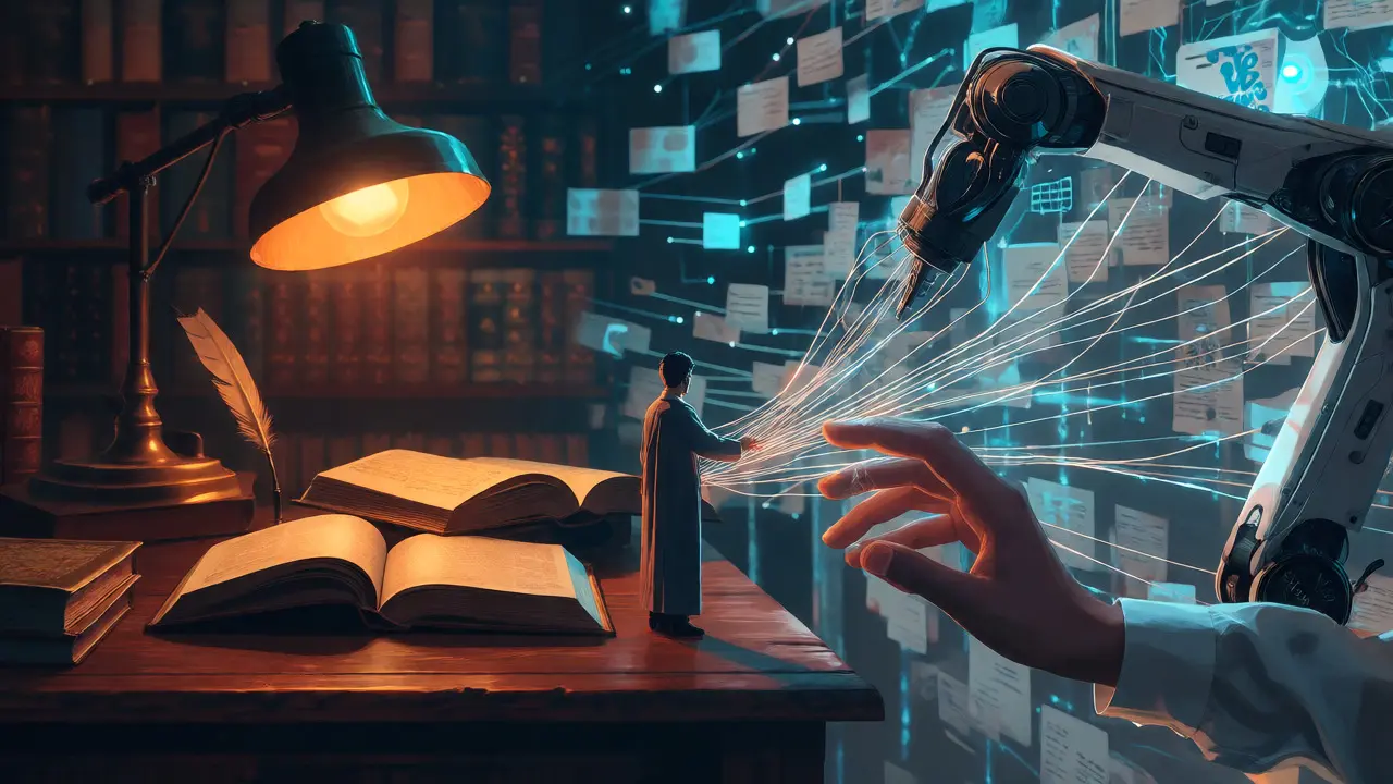 Surreal blend of traditional books and robotic arms weaving digital knowledge threads together.