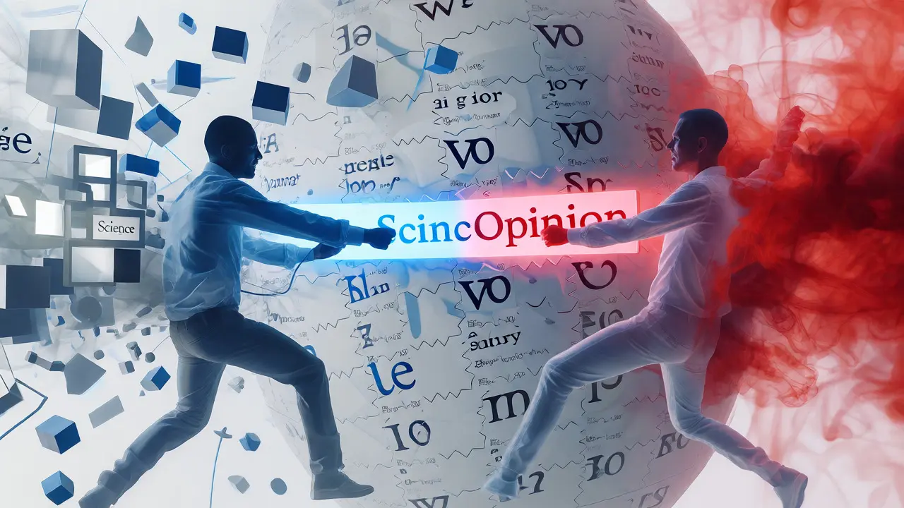 Surreal digital art of two figures pulling apart a text block, representing conflicting editorial perspectives.