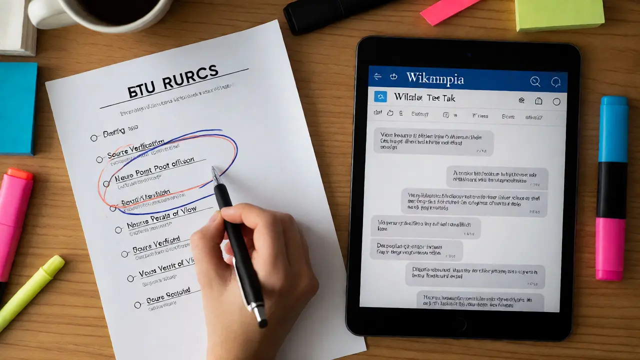 Teacher assessing Wikipedia assignment with rubric and tablet