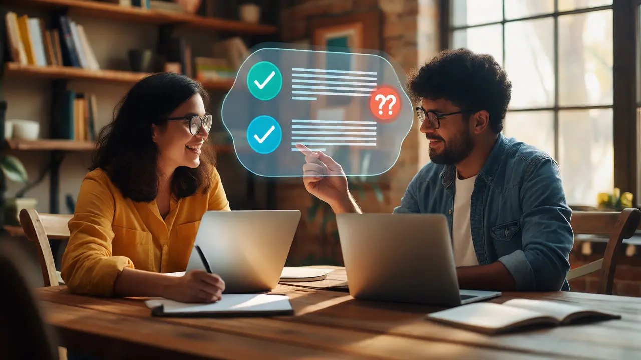 Two editors discussing source reliability over laptops