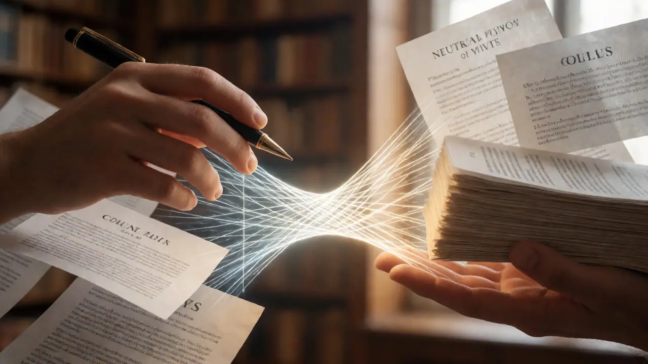 Two hands bridging a gap with light threads over floating policy documents, symbolizing editorial consensus.