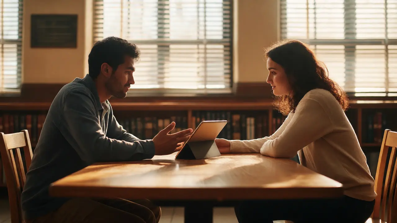 Two people collaborating peacefully on a tablet in a library