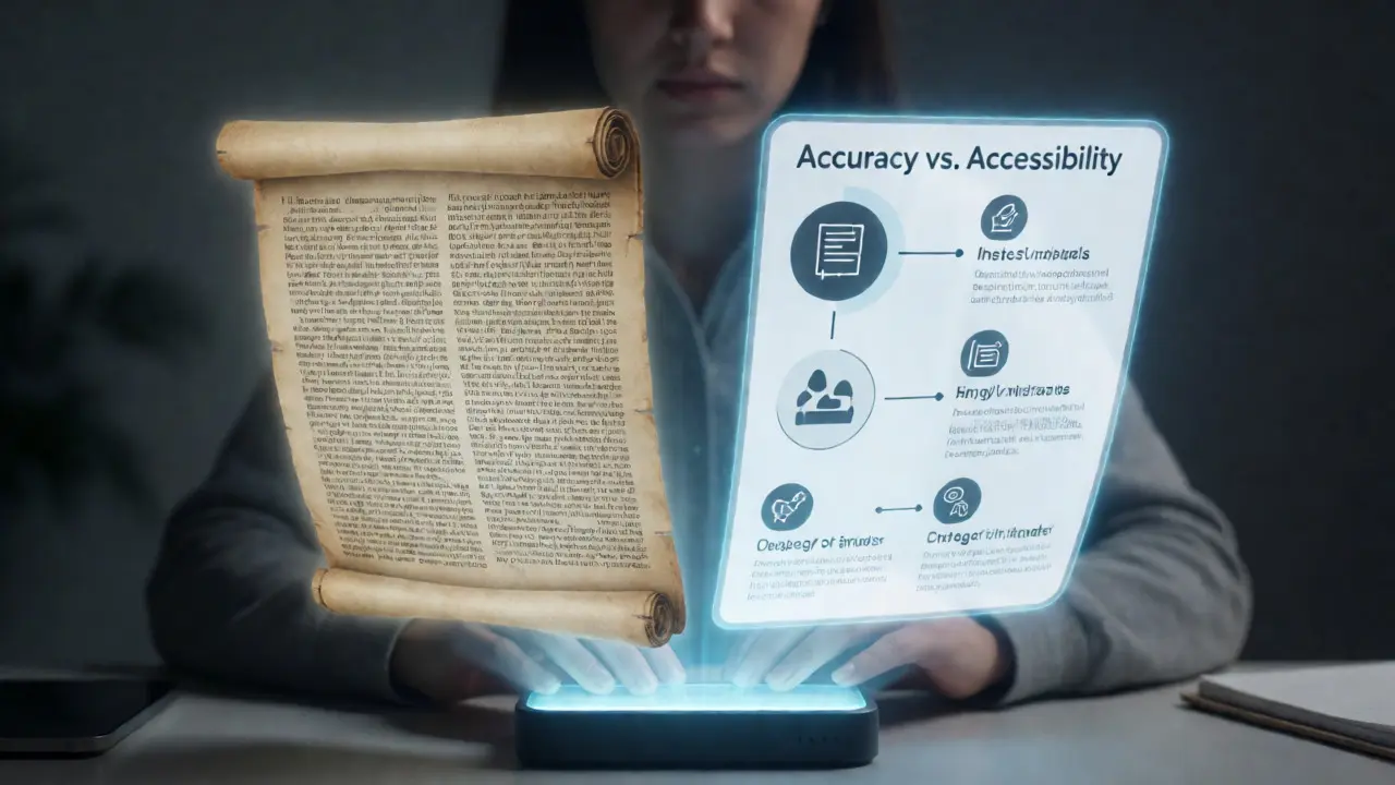 User viewing holographic comparisons of dense academic text versus clear AI summaries