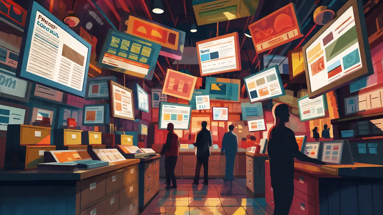 Vibrant marketplace stall displaying curated media and articles