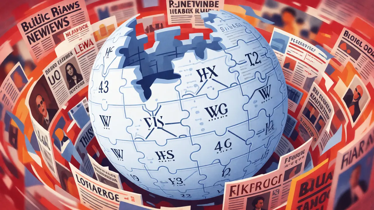 Visual metaphor of Wikipedia organizing chaotic news fragments into structured context.