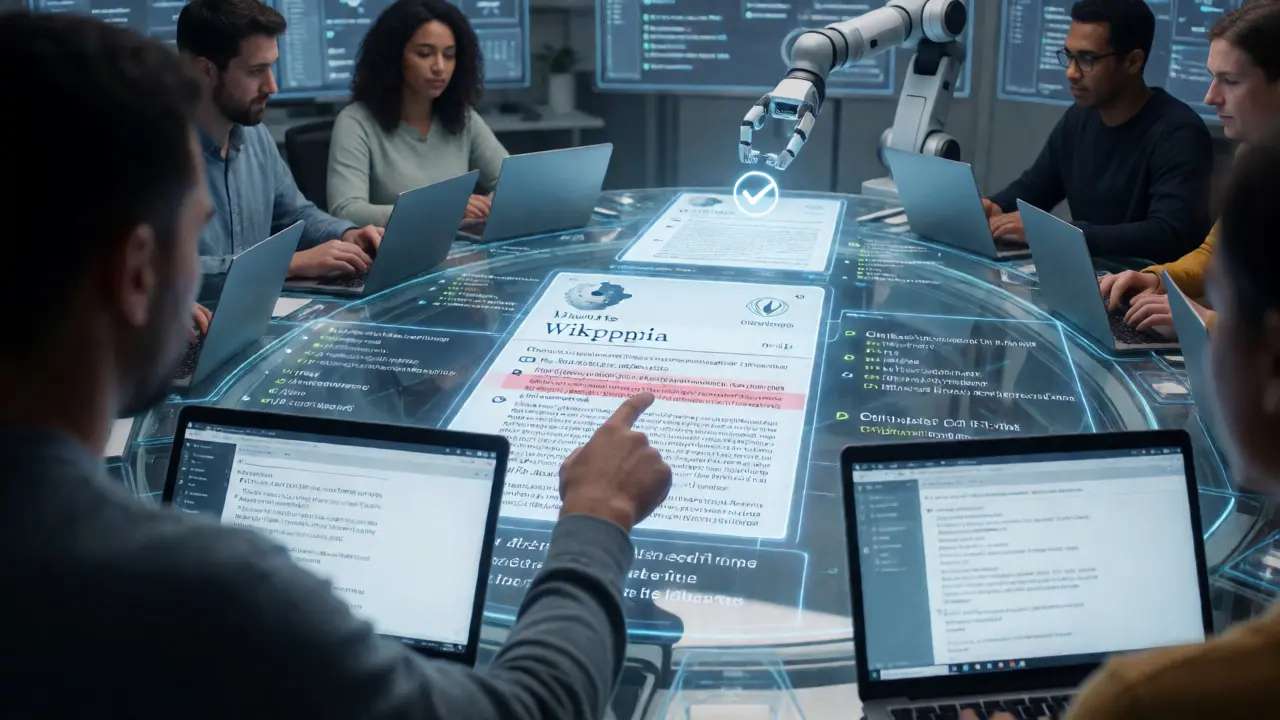 Volunteer editors and AI bots collaborating to correct false information on a digital interface.