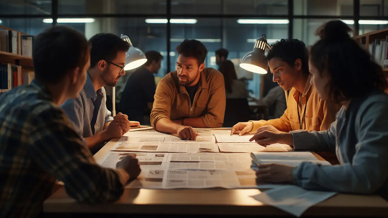 Volunteers debating facts over printed documents in a library at night